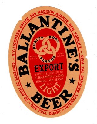 1940s P.  Ballantine & Sons Brewery,  Newark Jersey 32 Oz Irtp Beer Label