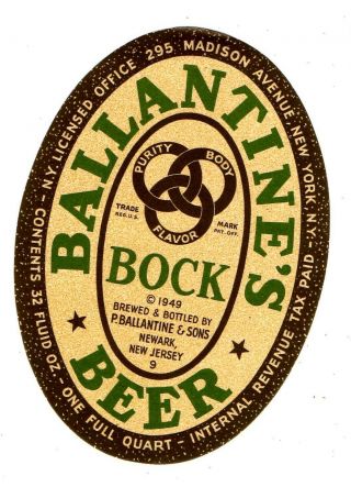 1940s P.  Ballantine & Sons Brewery,  Newark Jersey Bock Beer 32 Oz Irtp Label