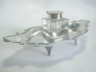 Antique Sterling Silver Ink Well,  Footed Stand,  Top Glass,  England,  1907,  Hallmarks