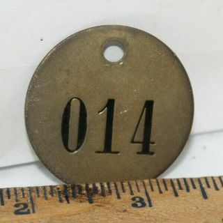 Vintage Brass Tag 014 Cow Tag Brass Metal Cattle Tag Keychain Fob 1.  5 "