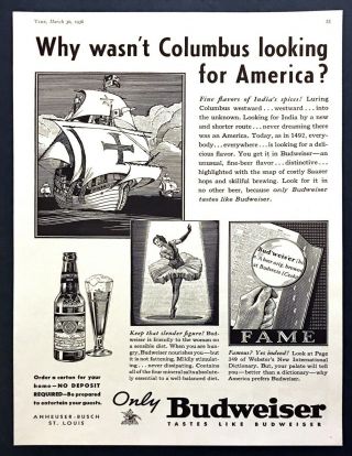 1936 Columbus 3 Ships Looking For India Art Budweiser Beer Vintage Print Ad