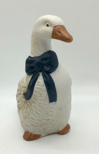 Delightful Ceramic White Duck Ornament / Figurine With Blue Ribbon Euc