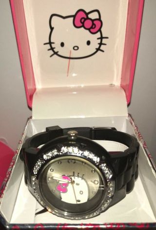 Hello Kitty Black Band Rhinestone Analog Watch Sanrio Hk2150 In Giftbox
