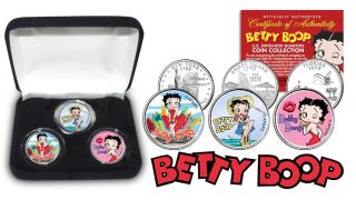 Betty Boop Licensed 3 Coin U.  S.  A State Quarter Set Rare In Velvet Gift Box