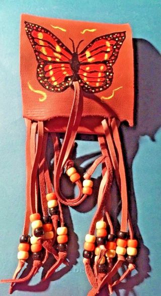 Butterfly Handpainted Lambskin Mecicine Bag,  With Fringe And Pony Beads.