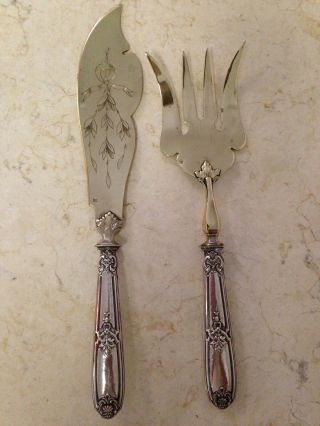 Sterling And Brass Fish Set.  Serving Fork And Knife.
