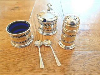 Sterling Silver Art Deco Condiment Set,  2 Spoons.  H/m Birmingham D&b Ltd 1921 - 1