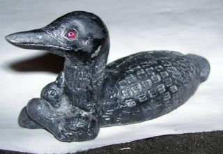 Wolf [signed We 5/5] Carved Miniature Duck Decoy Loon With Baby Chicks