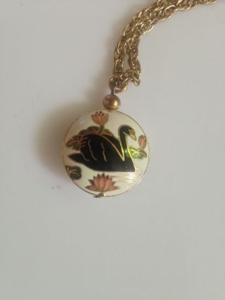 Cloisonné Pendant Necklace Black Enamel Swan With Lotus Flower Vintage
