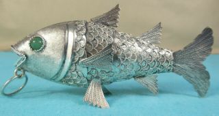 Brazilian Sterling Silver Statue Reticulated Fish Stone Eyes Gerson Bahia Ca1980