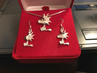 Sterling Silver Peanut Peanuts Woodstock Necklace And Earring Set