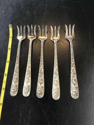 5 S.  Kirk & Son Inc Sterling Silver Floral Repousse Cocktail Forks 5 1/2 111g