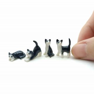 4 Cat Kitten Ceramic Figurine Animal Dollhouse Miniature White & Black - Cck050