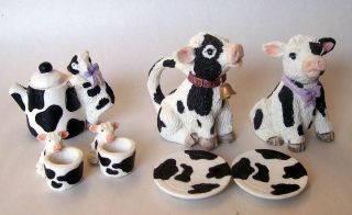 Vintage Resin Cow Figurines Holstein Black / White - Tea Set Miniature