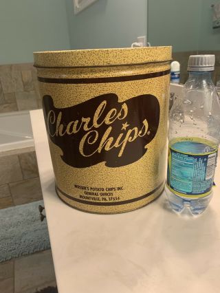 Vintage Charles Chips Metal Tin Can Potato Chip Canister 16 Oz Charlie Chips