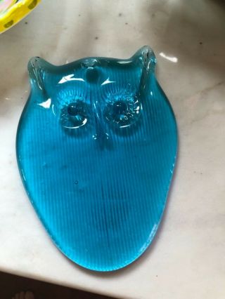 Vintage Blue Glass Owl Suncatcher Big Eyes Mod Design 6”