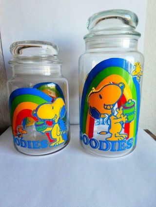 2 Vintage Peanuts Snoopy & Woodstock Glass Goodies Jar Containers With Lids
