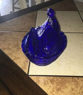 Split Tail Cobalt Blue Glass Hen on Nest Basket 6 1/4” L x 4 3/4 