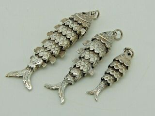 Antique Silver Fish Pendants Articulated London 1977 – Set Of Three Quality