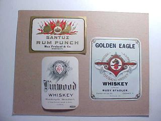 1890s Cincinnati Pre Pro 3 Whiskey Bottle Labels Rudy Stadler & Max Fruhauf Vg,