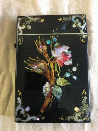 Antique Victorian Lacquered On Mcalling Business Card Case - Mother Pearl In Inlay