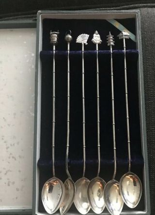 Set Of 6 Vintage Japanese 950 Sterling Silver Bamboo & Figural Iced Tea Spoons