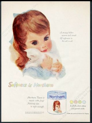 1959 Northern Bathroom Tissue Little Girl With Kitten Art Vintage Print Ad