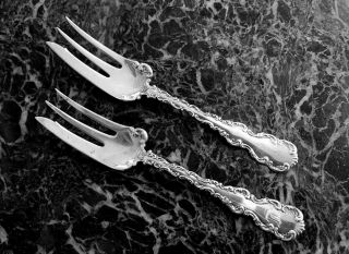 2 Pastry Forks 3 - Tine 6 3/8 " Long Louis Xv By Whiting Sterling Silver Monogram