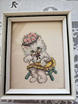 Vintage Framed Kitten Picture,  Grandma Cat Eyeglasses Stool Flower Bonnet 50s