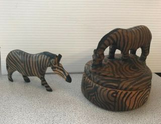Zebras Vintage Hand Carved Wood Zebra Figurine And Box W Lid Set Of 2