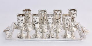 Set Of 8 Vintage Sterling Silver Cased Shot Glasses (20ml) With Matching Tray