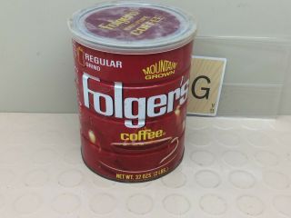 Folgers Coffee 2 Lb.  Tin Can Plastic Lid Regular Grind Empty Mountain Grown