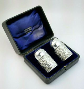 C1899,  C T Burrows,  Antique Victorian Sterling Silver Cruet Set Peppers Cased