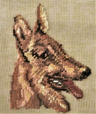 German Shepherd Dog Vintage Preworked Needlepoint Canvas W/ Design Finished
