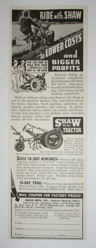 1939 Shaw Du - All Tractor Advertisement Shaw Mfg.  Co.  Galesburg,  Kansas