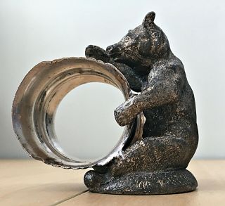 Antique Victorian Silverplate Napkin Holder A Bear Holding Ring No Maker Mark
