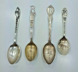 4 Vintage Sterling Silver Souvenir Spoons - Ne,  Ar,  Lake Champlain,  Mt Rushmore