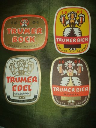 4x Vintage Trumer Beer Labels.  Brauerei Sigl - Obertrum Austria.  Labels