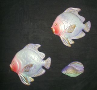 Pair Vintage Chalkware Bathroom Purple Fish,  Purple Sea Shell