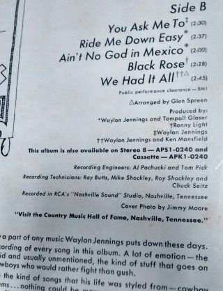 Waylon Jennings Honky Tonk Heroes PROMO DJ LP 1973 RCA APL 1 - 0240 5