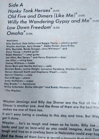 Waylon Jennings Honky Tonk Heroes PROMO DJ LP 1973 RCA APL 1 - 0240 6