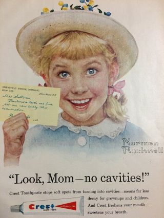 1958 Norman Rockwell Print Ad Little Girl Dentist Check Up Crest Toothpaste