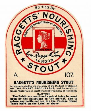 Beer Label: Geo.  Raggett,  London,  Nourishing Stout 93mm Tall