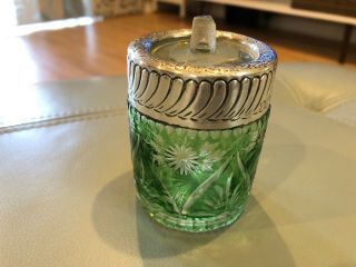 Antique 1897 Sterling Silver & Green Cut Glass Jar Inkwell Birmingham England