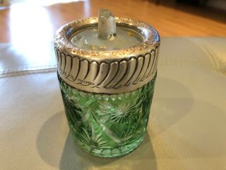 Antique 1897 Sterling Silver & GREEN Cut Glass Jar Inkwell BIRMINGHAM ENGLAND 4