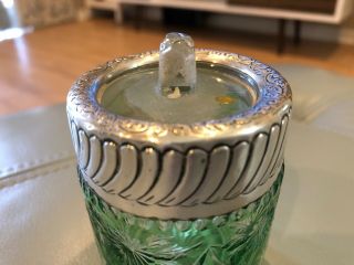 Antique 1897 Sterling Silver & GREEN Cut Glass Jar Inkwell BIRMINGHAM ENGLAND 6
