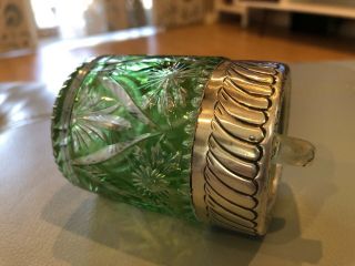 Antique 1897 Sterling Silver & GREEN Cut Glass Jar Inkwell BIRMINGHAM ENGLAND 8