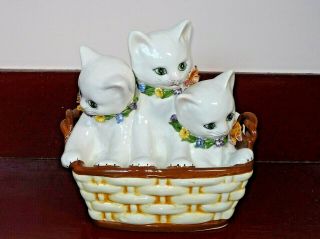 Italian Ceramic Three Kittens In A Basket