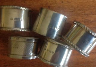 Solid Silver Napkin Rings (5) All Vintage,  Incl.  2 Chester.  Weight 144g G.