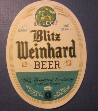 Old Vintage - Blitz Weinhard - Beer Label - Irtp - Portland Or.  - 1 Qt.